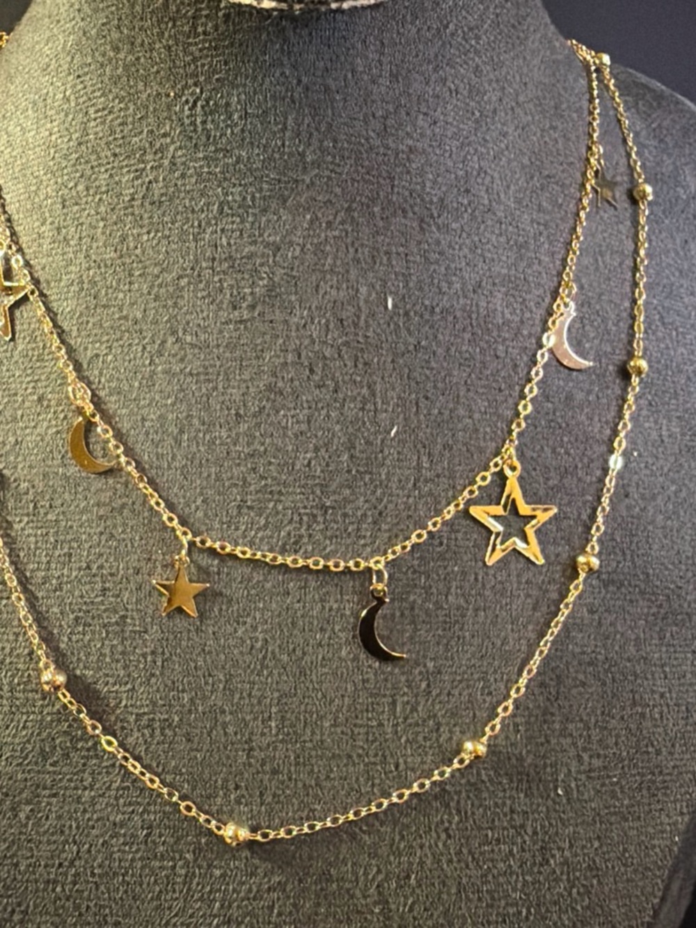 Gold Celestial Layered Necklace with Moon & Star Charms